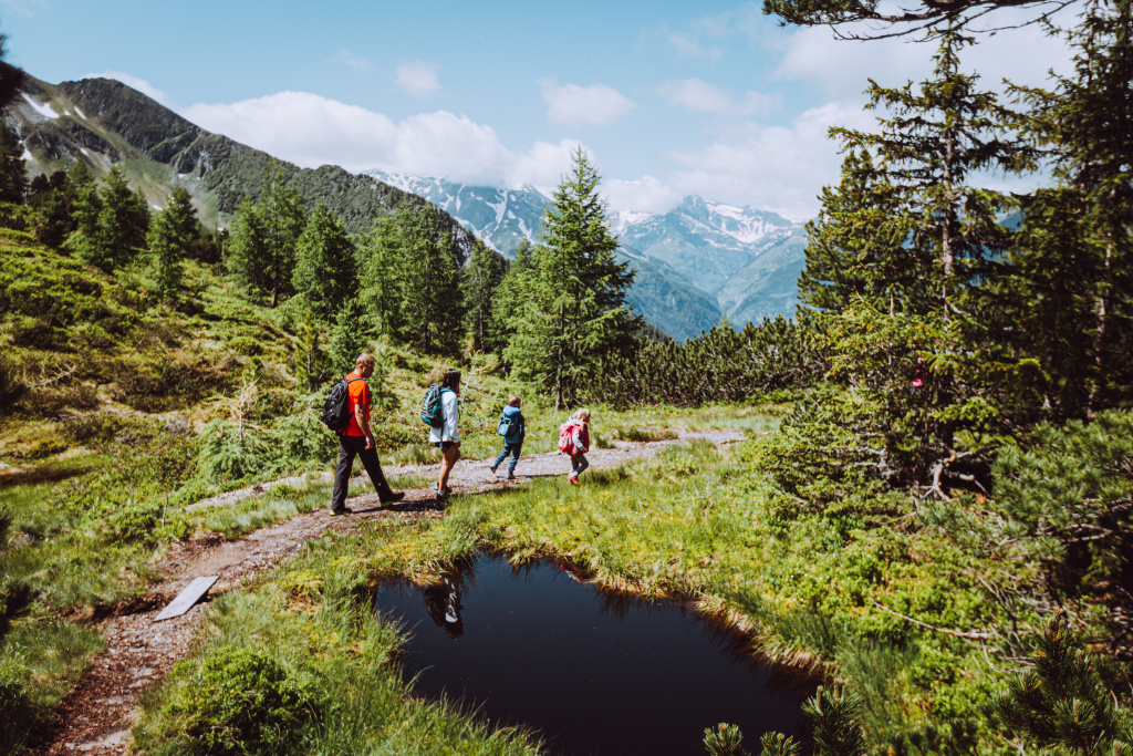 Familie wandert auf einem Bergweg durch grüne Almen mit Blick auf die Gipfel im Gasteinertal